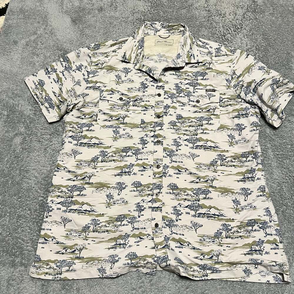 Eddie Bauer Shirt Mens XL Tall Tree Outdoor All Over Print Performance Fishing